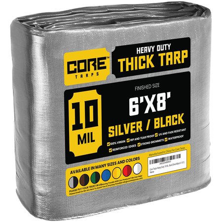 CORE TARPS 8 ft L x 0.5 mm H x 6 ft W Heavy Duty 10 Mil Tarp, Silver/Black, Polyethylene CT-601-6X8